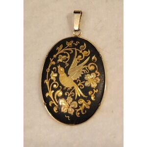 Vintage Unsigned Damascene Toledoware Phoenix Bird Oval Pendant